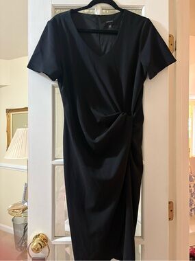 Tahari Black V-Neck Midi Dress with Side Drape